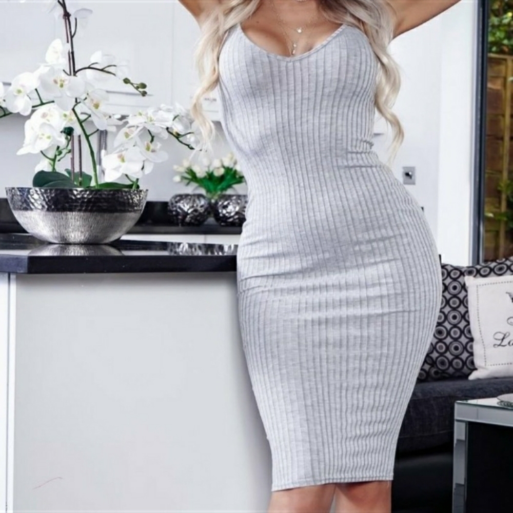 Gray Basic Rib Knit Bodycon Midi Dress - Picture 3 of 5